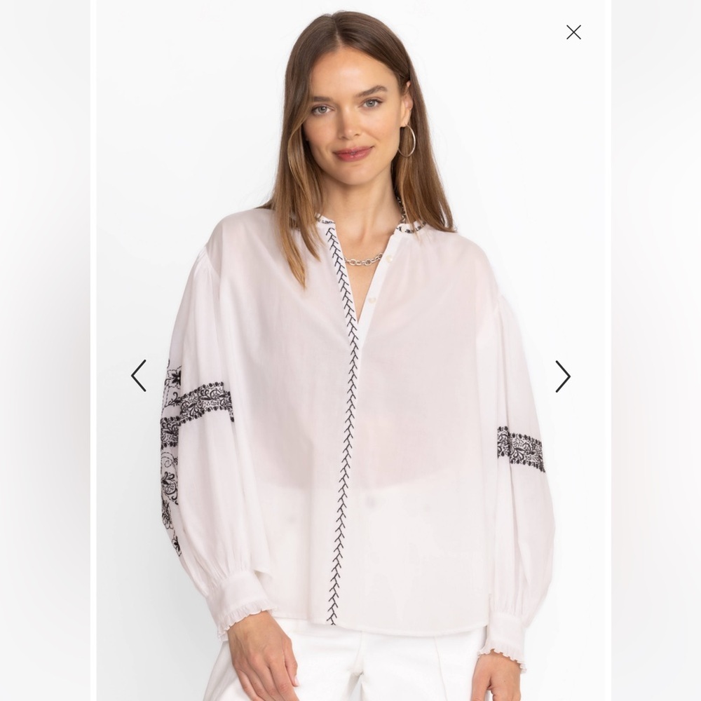 Johnny Was JADE Kivi Blouse White Cotton Embroidered Long Sleeve Small NWT‎